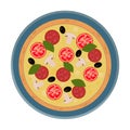 Pizza with mushrooms, tomatoes, salami and olives on a blue plate.